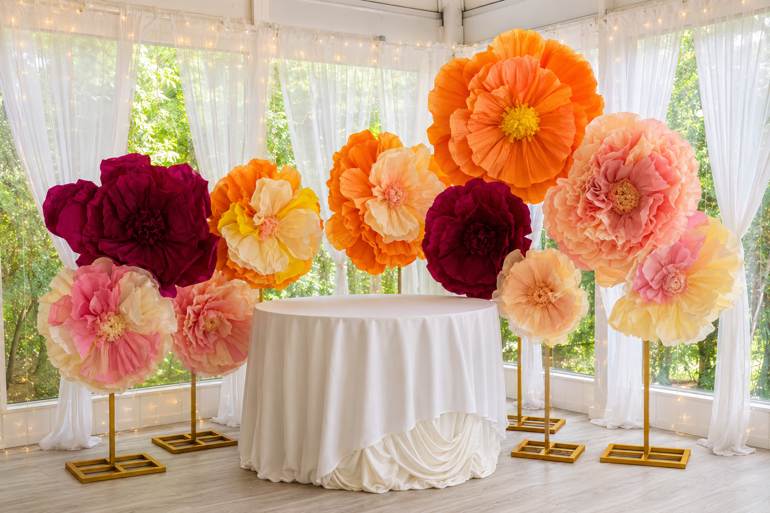 Colorful oversized paper flower backdrop in the Books and Blooms venue