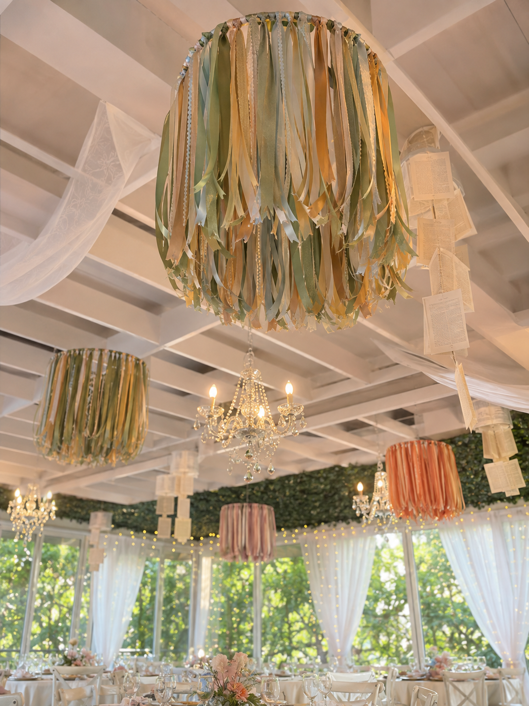 Handmade ribbon rings and paper chandeliers suspended above the Books and Blooms celebration
