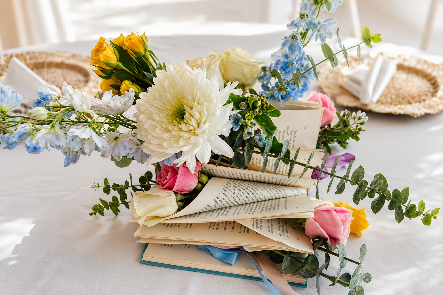 Open books filled with blue, pink, yellow and white flowers on a formally set table